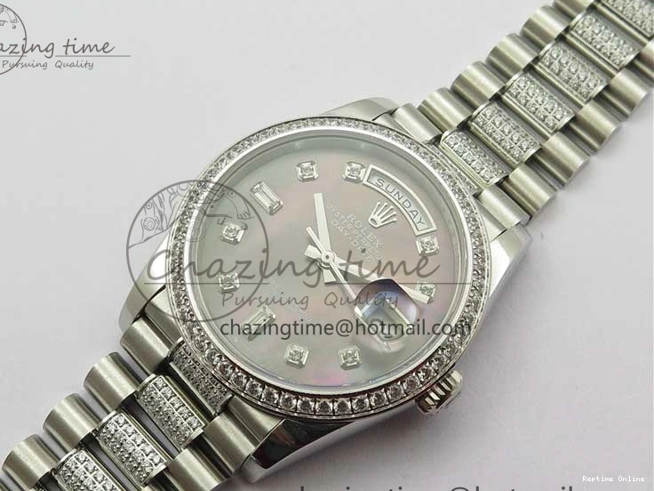 0517 SmoothTexture Day-Date 36mm 128239 SS Crystal BP Best Edition Black MOP Crystal Marker Dial on SS President Bracelet A 2681